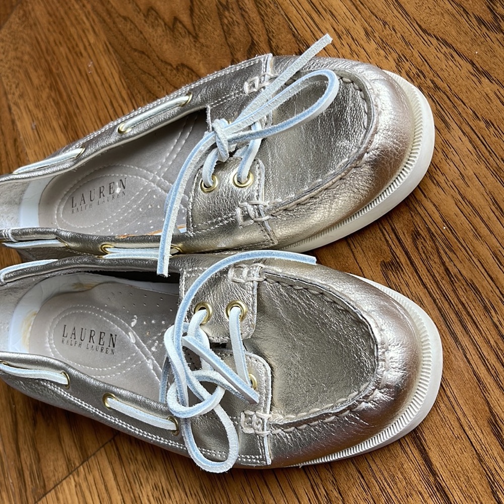 Vintage Lauren Ralph Lauren Yarina Metallic Leather Boat Shoe Gold Women sz 7 B - Picture 2 of 7